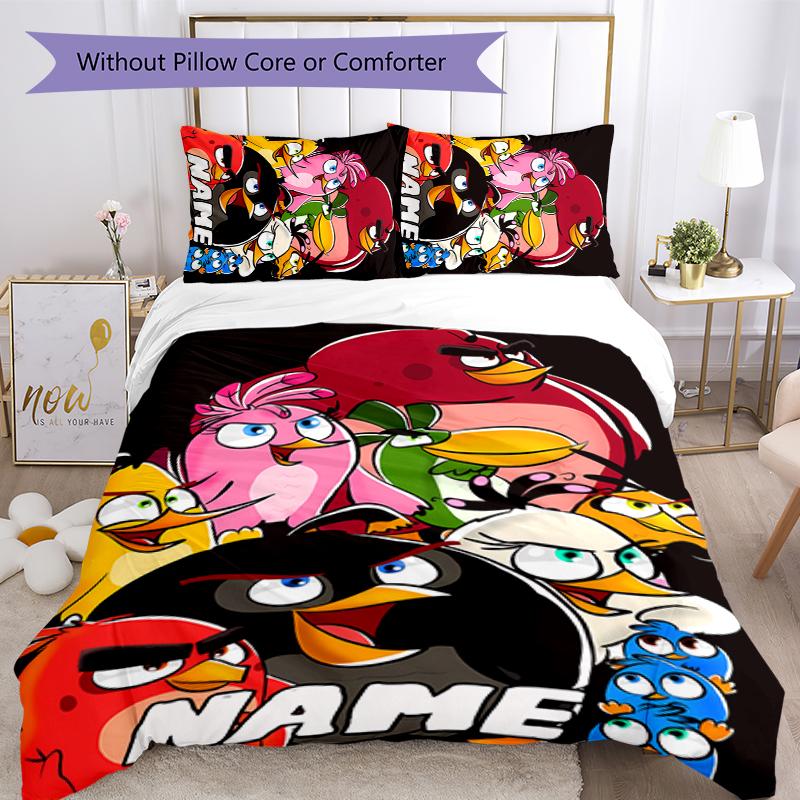 3pcs Custom Name Angry Birds game Bedding Set Duvet Cover Closure Includes 1 Duvet Cover & 2 Pillowcases for All Seasons Bedroom Decor