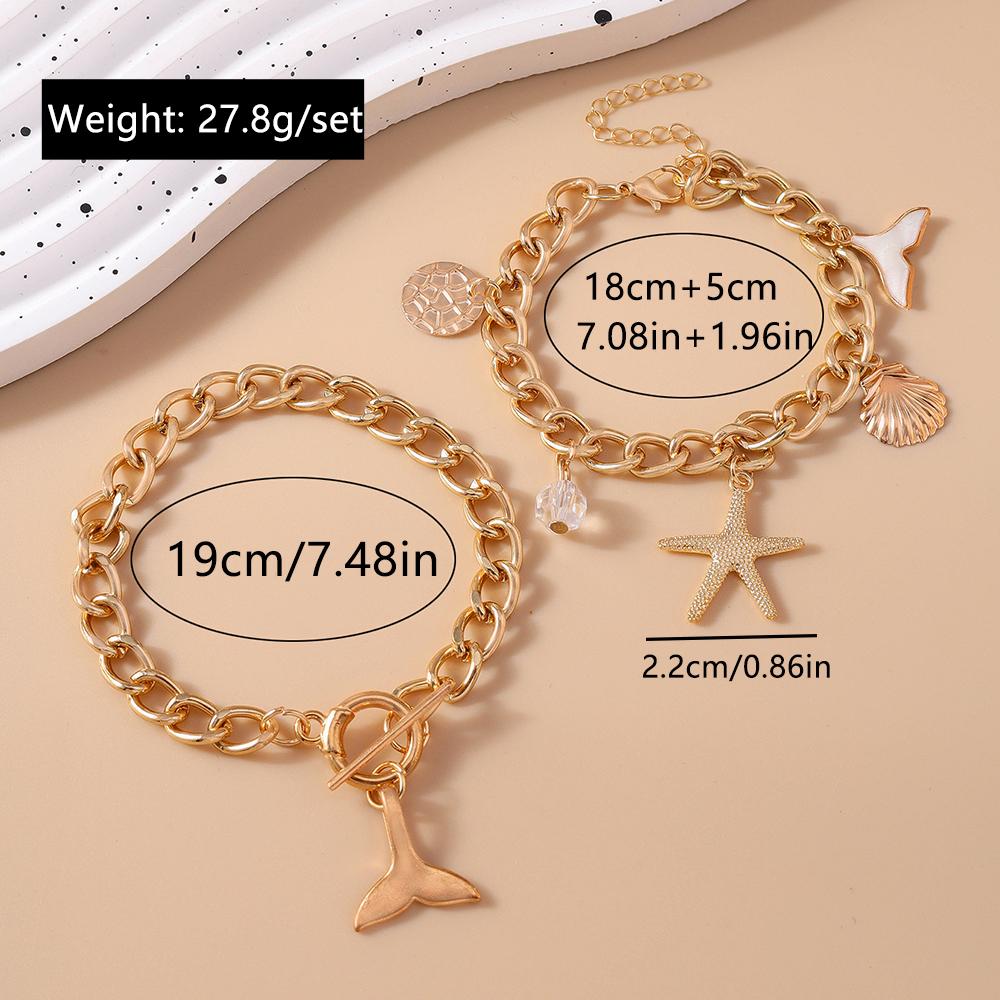 2pcs/set Gold Color Starfish Shell Bracelet for Women Girls Summer Beach Bracelets Chain Party Holiday Jewelry Gift