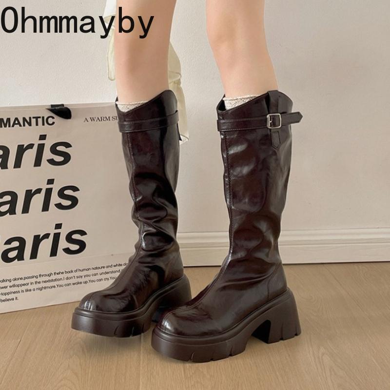 Winter Platform Thick Heel Women Knight High top Cosy Soft Leather Street Mordern Long Booties De Mujes