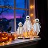 Playful Ghost Table Centerpieces 3 Pcs Halloween Ghosts on Wooden Stand, Vintage Rustic Fabric Sparkling Foam Ball Crafts Figures, Spooky Tabletop