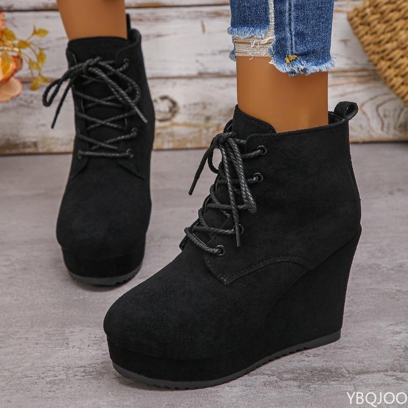 Short Boots Winter Height Increase Fashionable Lace Up Simple Comfortable Wedge Heel Daily Casual Women's Shoes