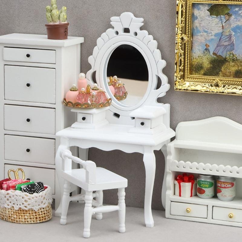 1/12 Scale Traditional Wooden Mini Furniture Set Dresser Stool With Fine Workmanship For Small Room Display