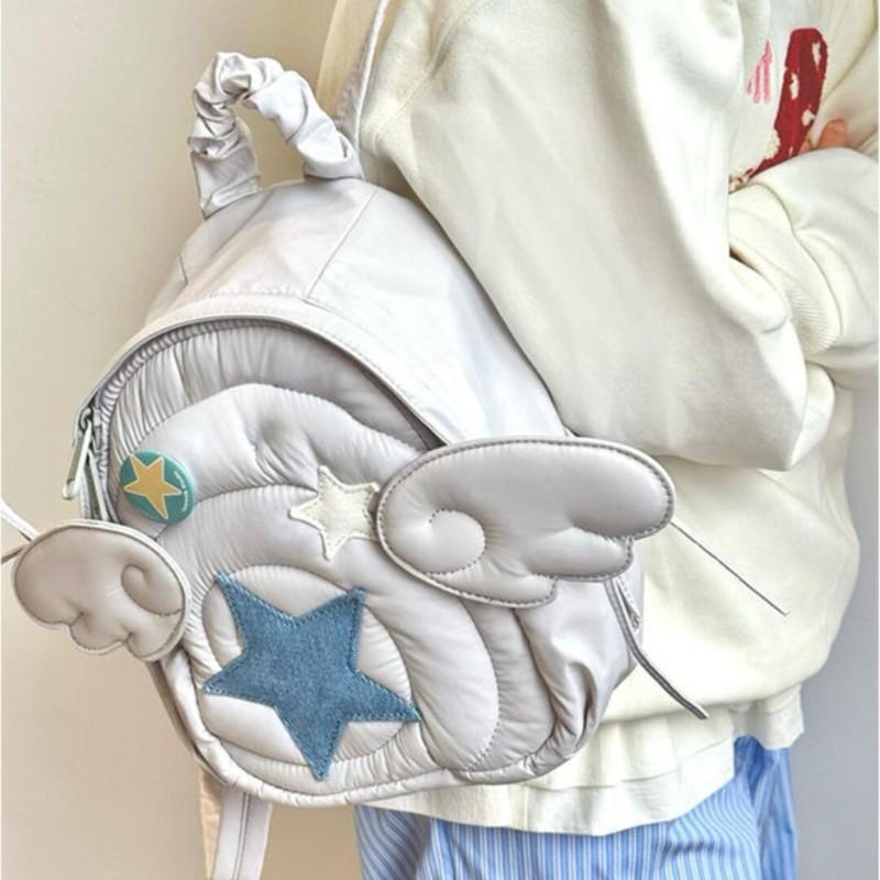 Schoolbag Women's Black Lucky Star Unique Design Backpack Girls Angel Wing Cute Casual Rucksack Shopping Compact Lightweight School Bag Y2k
