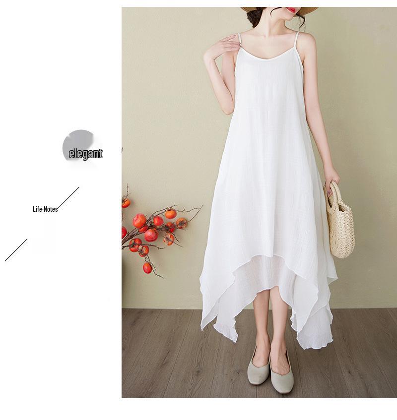 2025 Summer Cotton Linen Dual-Layer Midi Dress - Irregular Hem Literary Style