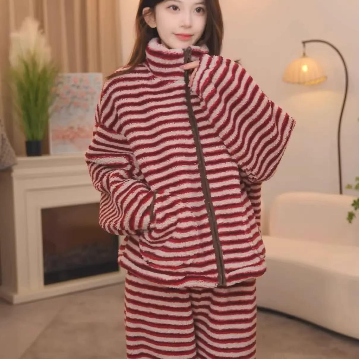 Women s Coral Fleece Striped Pajama Set: Soft Velvet, Stand Collar, Thickened for Winter 2025 Extra Large