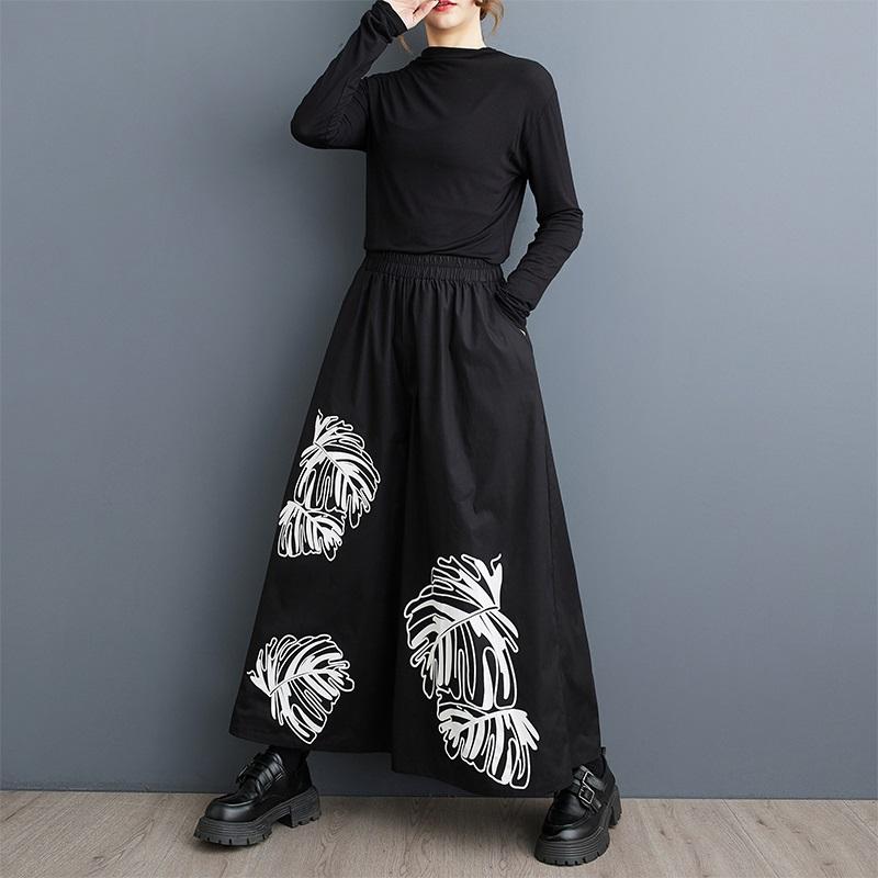 Cotton Plus Size Vintage Floral High Waist Casual Loose Spring Autumn Wide Leg Pants Women Trousers