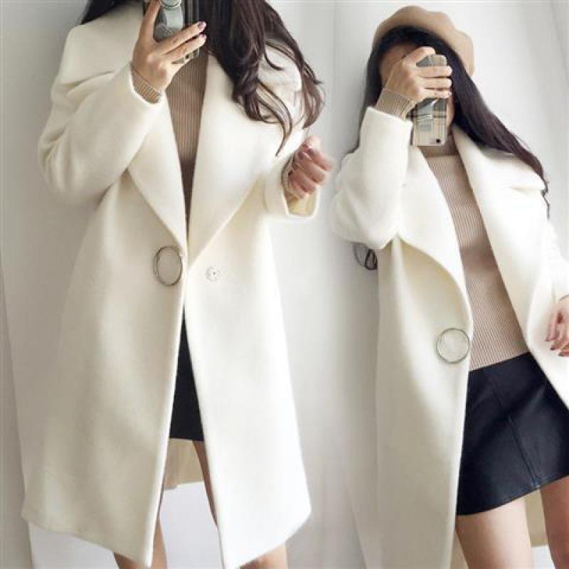 2022 Autumn/Winter Korean Style Thickened Woolen Coat, Large Lapel, White Mid-Length Cocoon Shape Overcoat for Women