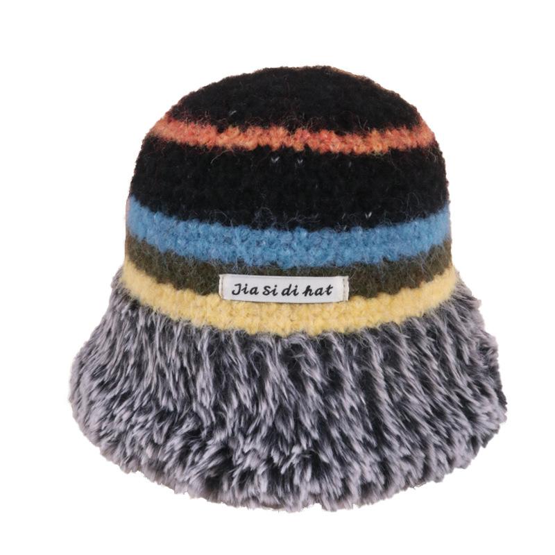 Autumn and Winter Rainbow Color Striped Ear Protector Wool Hat Women's Face Small Lace-up Contrasting Color Bag Head Knitted Hat