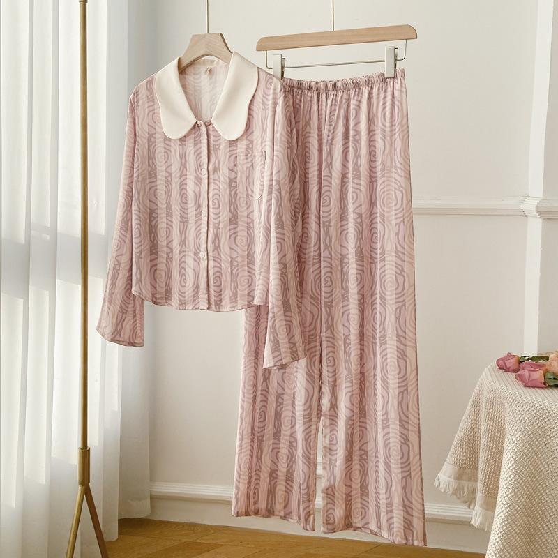 

Женский пижамный комплект из 2 предметов, весна-лето, пижамы с цветочным принтом, длинные рукава, брючные костюмы, милая свободная атласная домашняя одежда, одежда для отдыха XL розовый