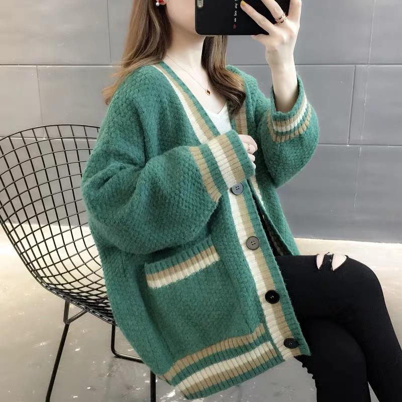 Women's Medium Length Sweater Cardigan Sweater Women's Knitted Sweater V-neck Long Sleeved Top