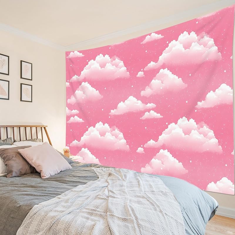 HVEST Pink Cloud Tapestry for Bedroom, White Cloud and Star on Pink Tapestry Wall Hanging Nature Landscape Wall Art Tapestry for Living Room College 40L x 60W