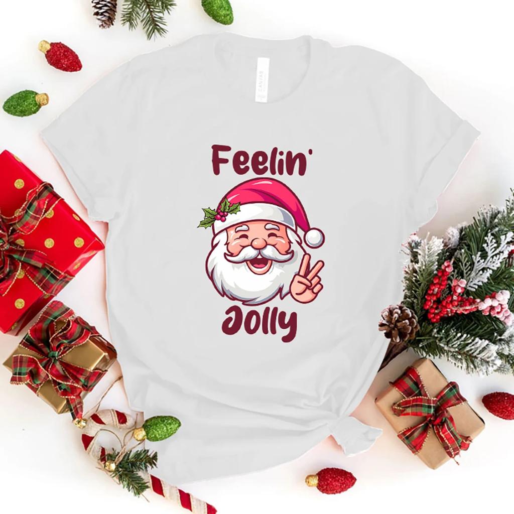 Unisex Short Sleeve Christmas Feelin Jolly Santa Claus Print T Shirts Women Causal Harajuku Tops Funny T Shirt