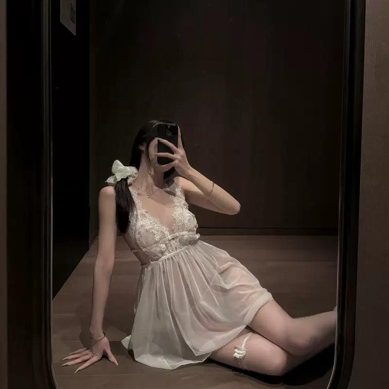 Sexy Lace White Purple Pure Tulle Deep V Backless Sex Underwear Seduction Set