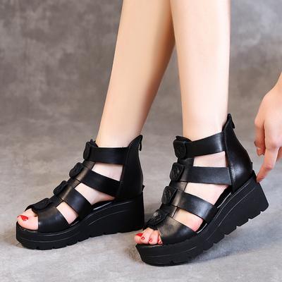 Women Leather Wedge Platform Fish Mouth Sandals Summer Comfortable Hollow High-heeled Thick-soled Roman Sandals C995