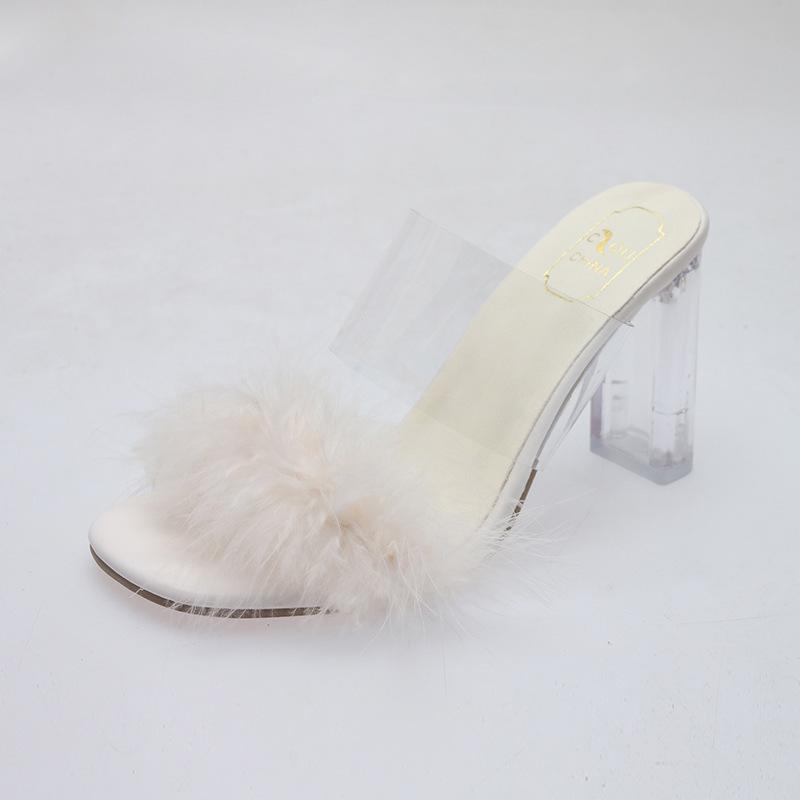 Fairy Wind Fluffy Slippers Female Summer Wear 2025 New Internet Celebrity Thick Heel One-word Drag Crystal High Heel Cool Slippers