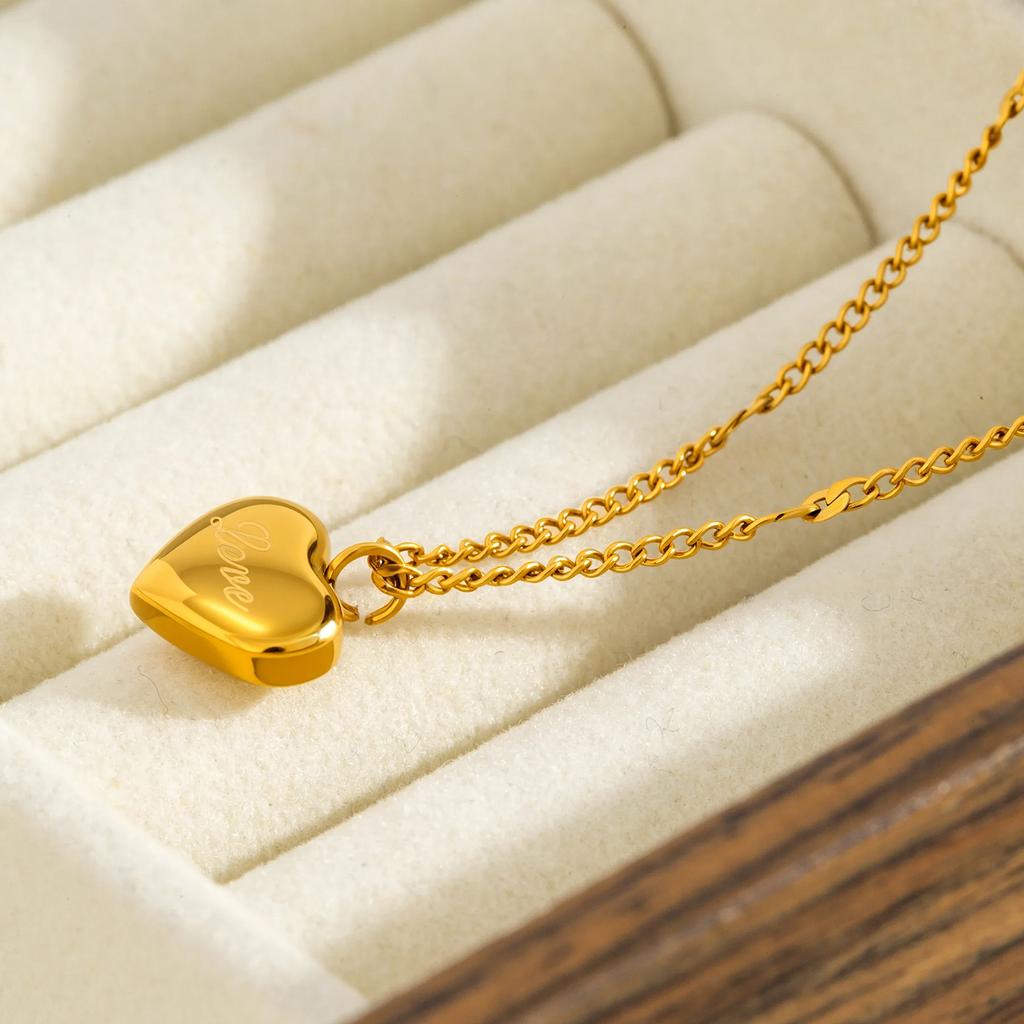 Engraved LOVE Heart Pendant Necklace for Women- 18K Gold Plated Stainless Steel Jewelry, Romantic Anniversary Gifts for Girl