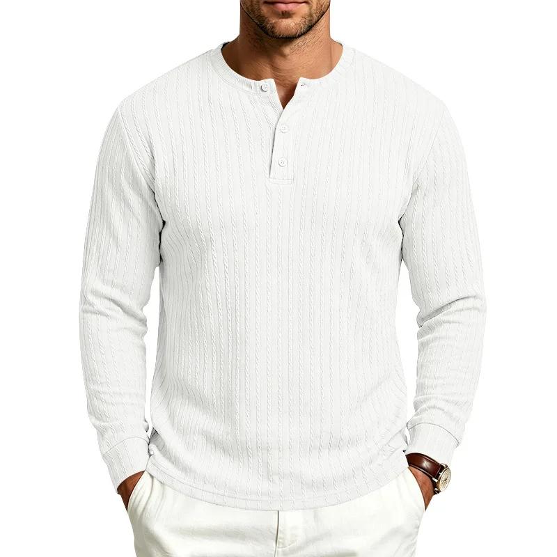 Spring Autumn Men's Knit T-Shirts Henry Collar Solid Color Striped Casual Tshirt Men Vintage Style Fashion Knitted Pullover Tees