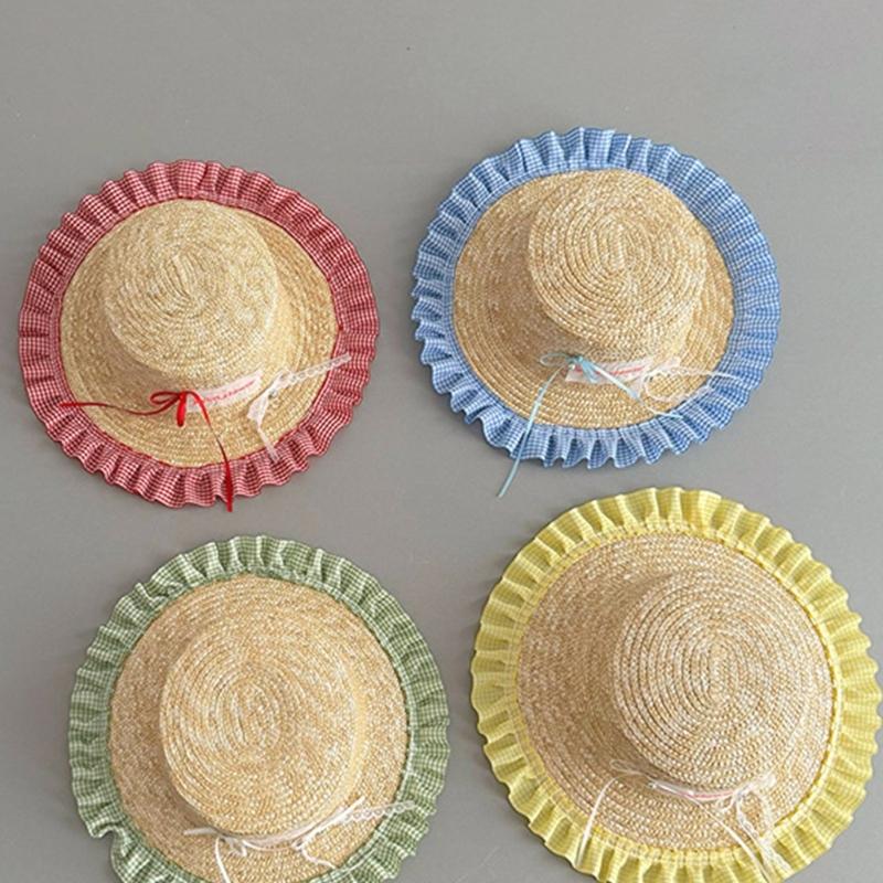 Kids Outdoor Fisherman Hat Trendy Checkered Wide Brimmed Sun Hat Adjustable Size Lovely Bowknot Accent for Summer