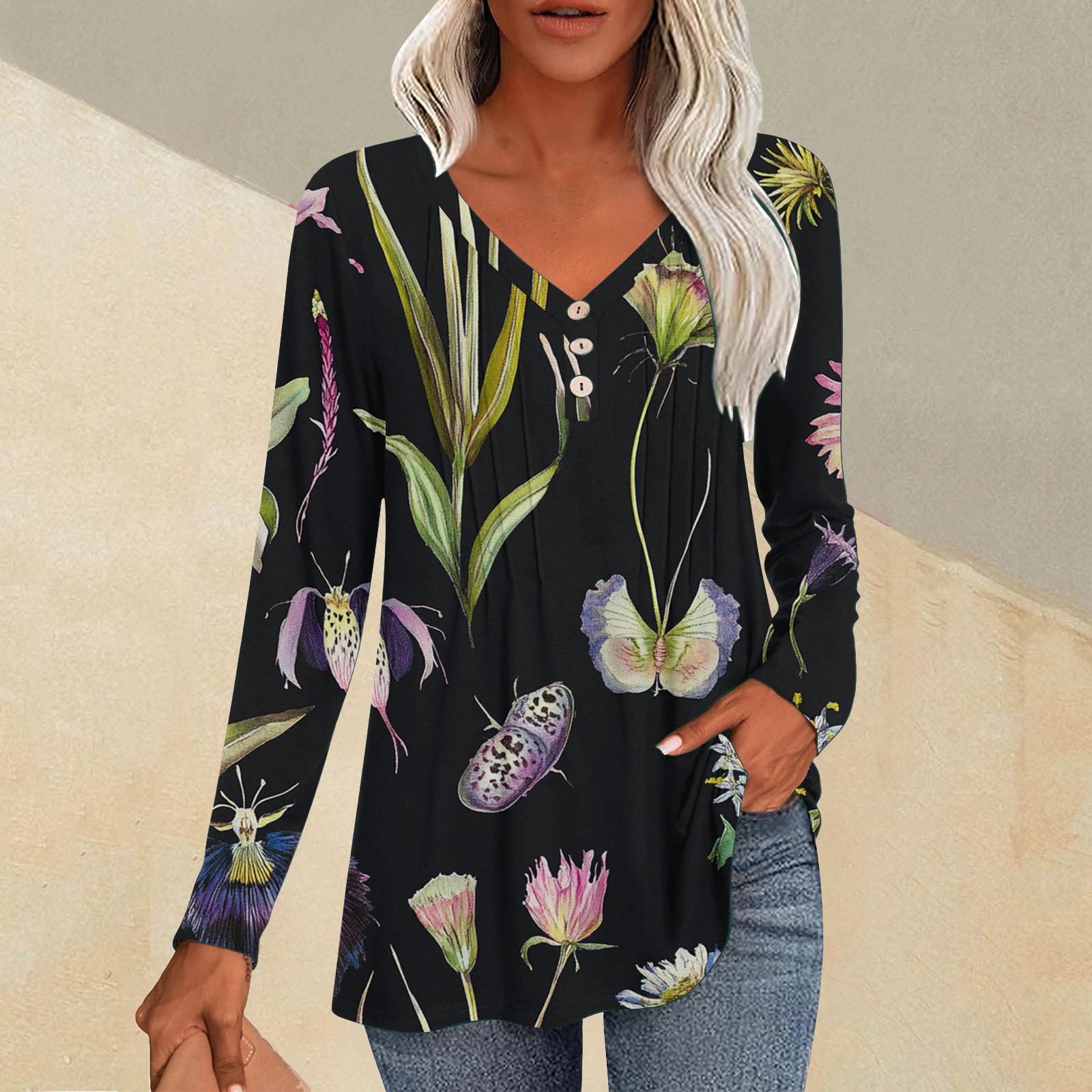 

Женская модная повседневная плиссированная футболка с V-образным вырезом и растительным принтом, длинный рукав XL небесно-голубой