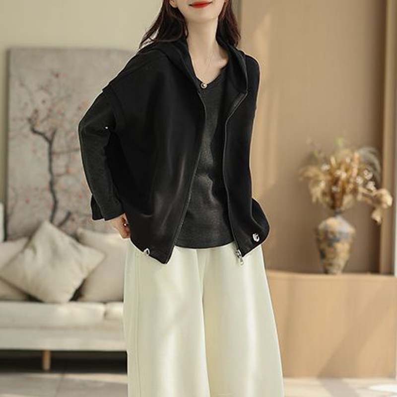 Coat for Women Cotton Autumn Casual Oversize Hooded Short-sleeve Jacket