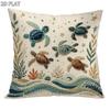 Marine Style Cushion Cover, 18X18 Inches, 2D Flat - Embroidered, Features Sea Turtles, Seaweed, Sta