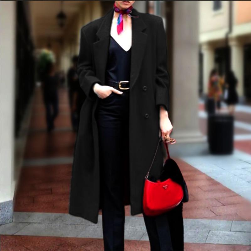 

Новое осенне-зимнее шерстяное женское пальто Nizi тренч повседневный длинный 3XL чёрный