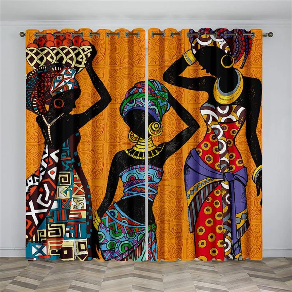 Schwarze Afrikanische Frauen Kunst Abstraktes Design National Lichtfilternde Vorhänge Fenstergardinen für Wohnzimmer Schlafzimmer 2 Stück Dekor