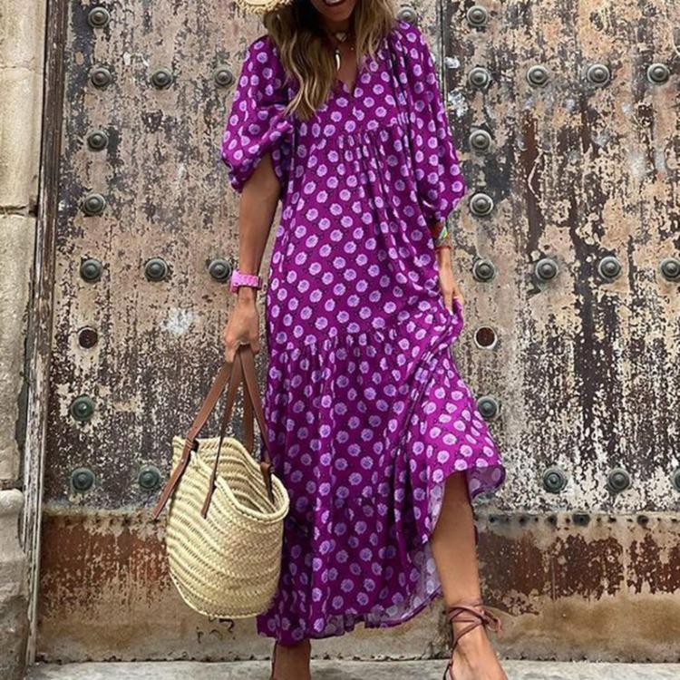 Summer Beach Dress Floral Print Bohemian Long Dress Loose V Neck Fashion Women