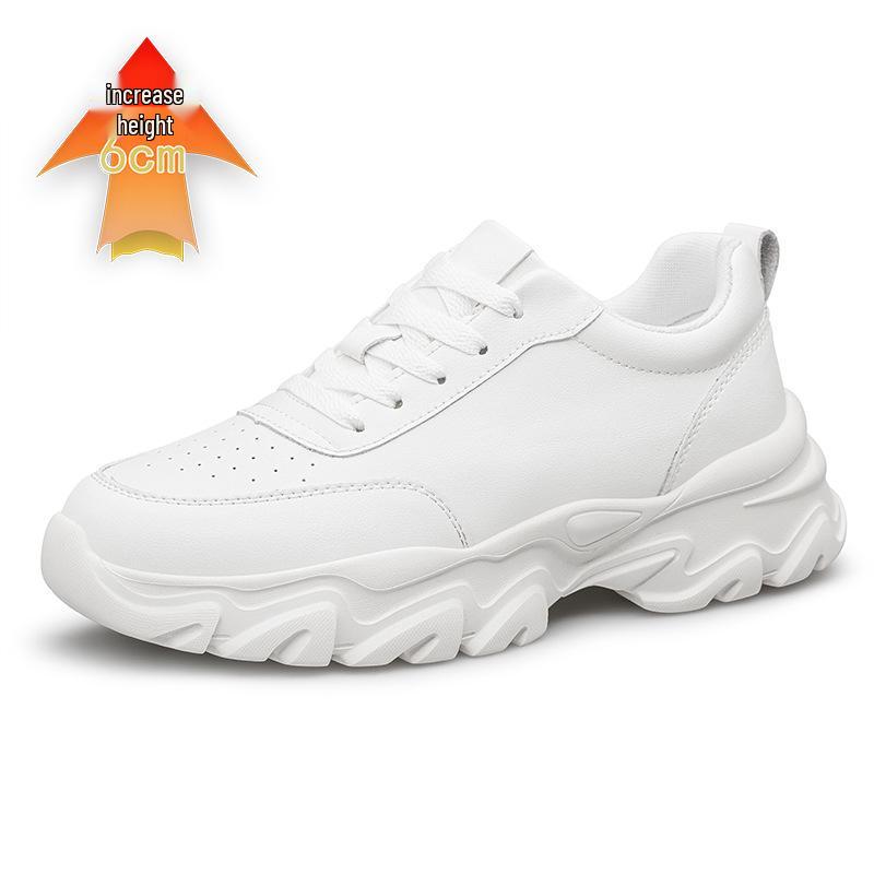 Men's Hidden Height Sports Casual White Cowhide Shoes, Low-Top, Thick Sole for Spring.