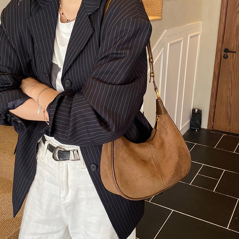 Faux Suede Solid Color Large Capacity Hobos Shoulder Bags for Women High Quality Versatile Undearm Ruched Handle Bags