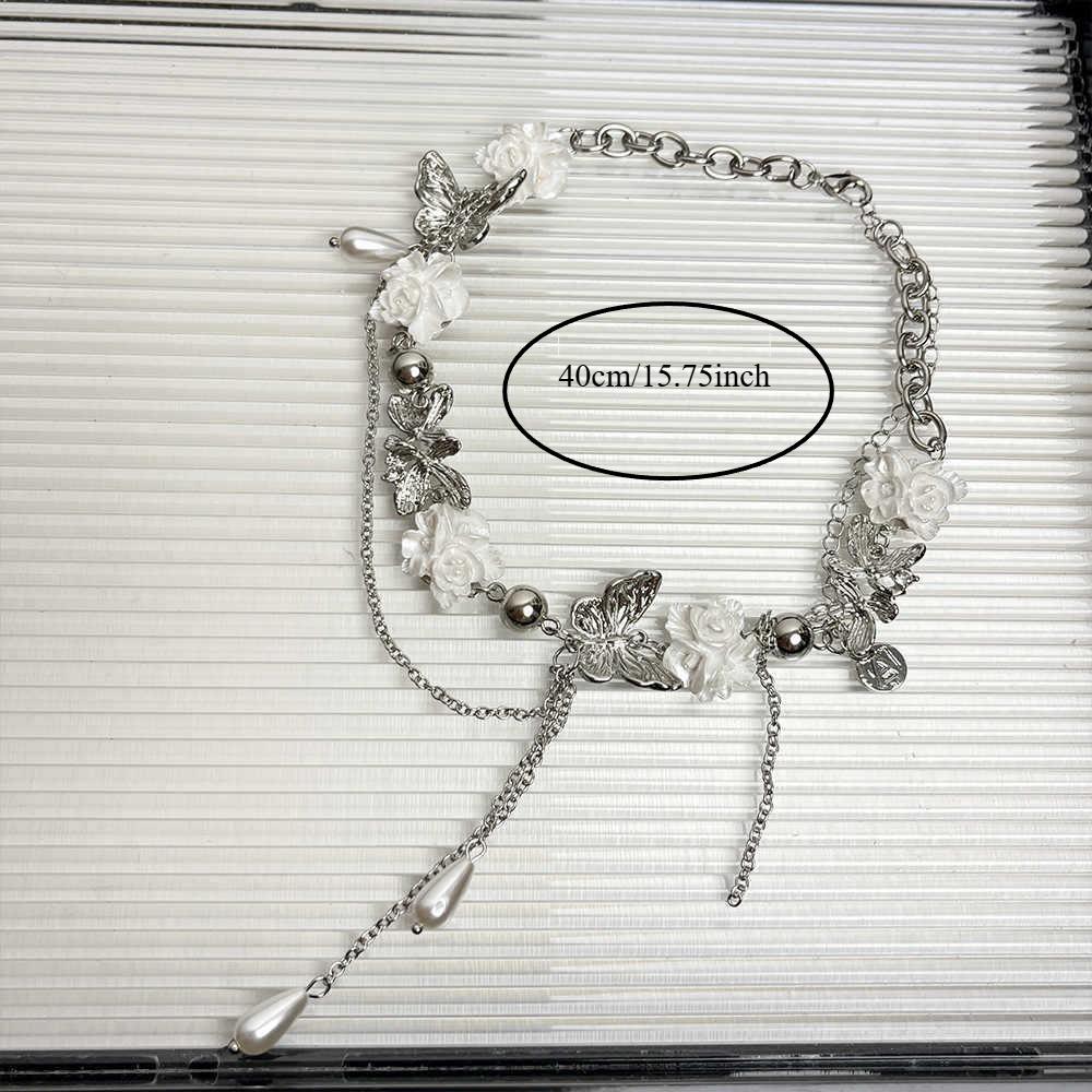 White Flower Butterfly Pearl Tassel Choker for Women Light Luxury Niche Necklace