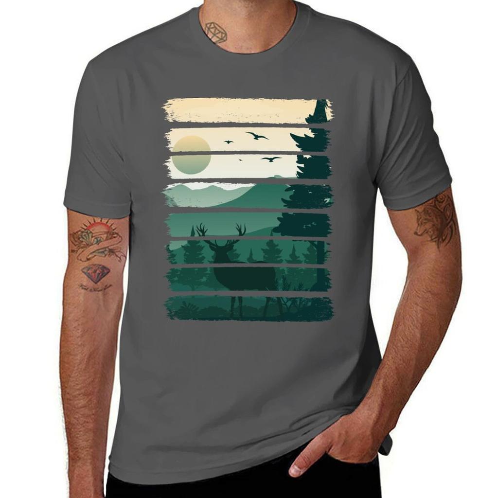 Vintage Deer Forest Nature Wildlife Trees TShirt Large Size Casual Short Sleeve Top TShirt