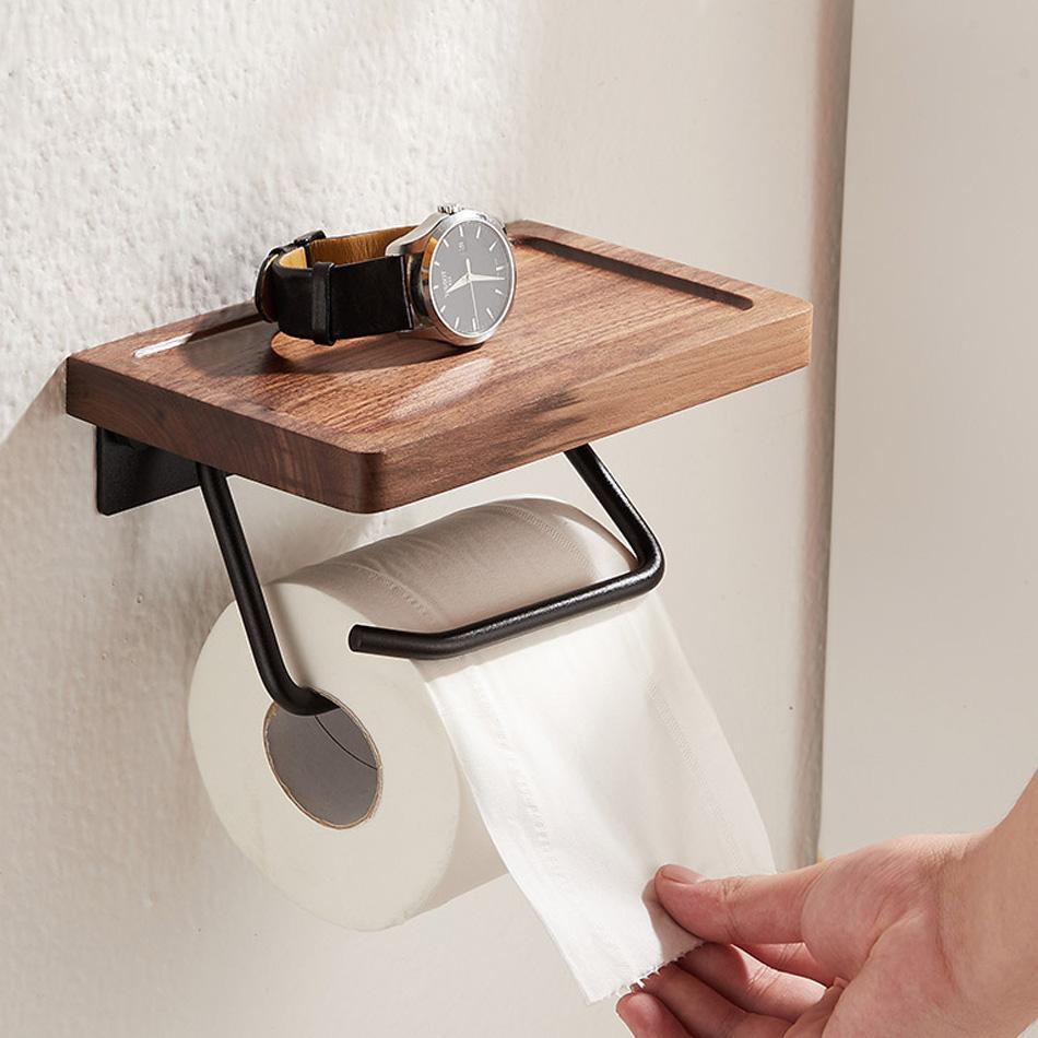 Double Paper Holder with Shelf Black Wood Wall Mounted WC Tissue Holders Walnut Toilet Paper Towel Rack for Bathroom Kitchen