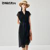 Zhaojun Women's Mulberry Silk Jacquard Short-Sleeve Belted Dress