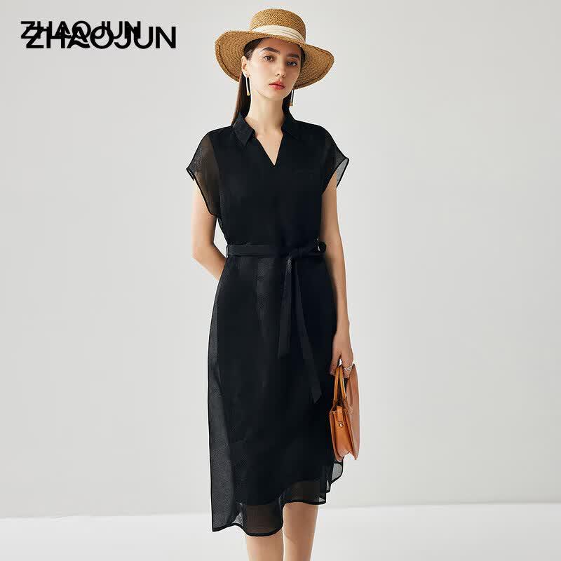 Zhaojun Women s Mulberry Silk Jacquard Short-Sleeve Belted Dress XL