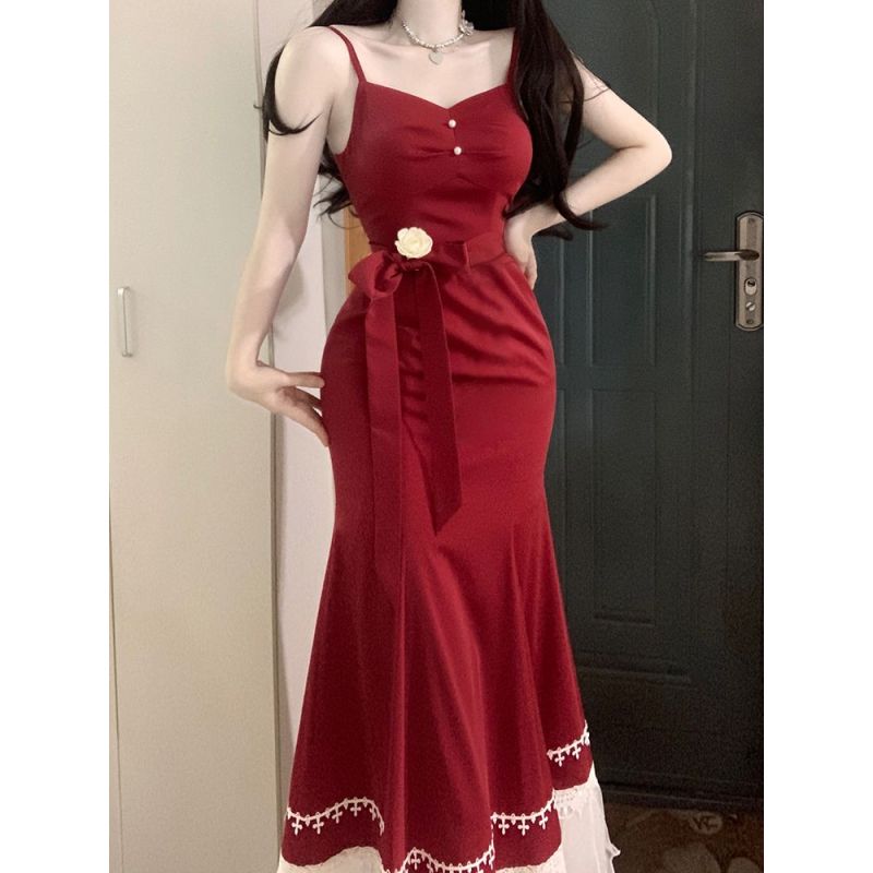 

Женский осенний костюм больших размеров, женское платье на подтяжках с рыбьим хвостом в стиле камелии XL красный