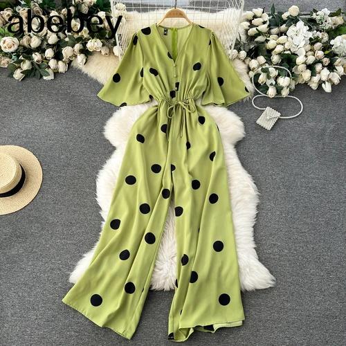 

Женский комбинезон с широкими брюками и V-образным вырезом, сексуальный комбинезон с рукавами «летучая мышь» на талии, тонкий комбинезон с принтом в горошек One Size зелёный