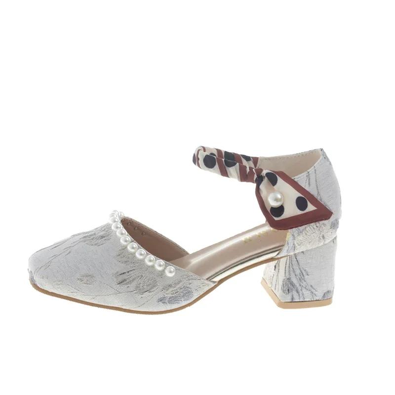 Fashion Beaded Bow Mary Janes High Heels Shoes Women Print Random Summer Sandals 2024 Lolita Dress Pumps Square Toe Femme Zapatillas