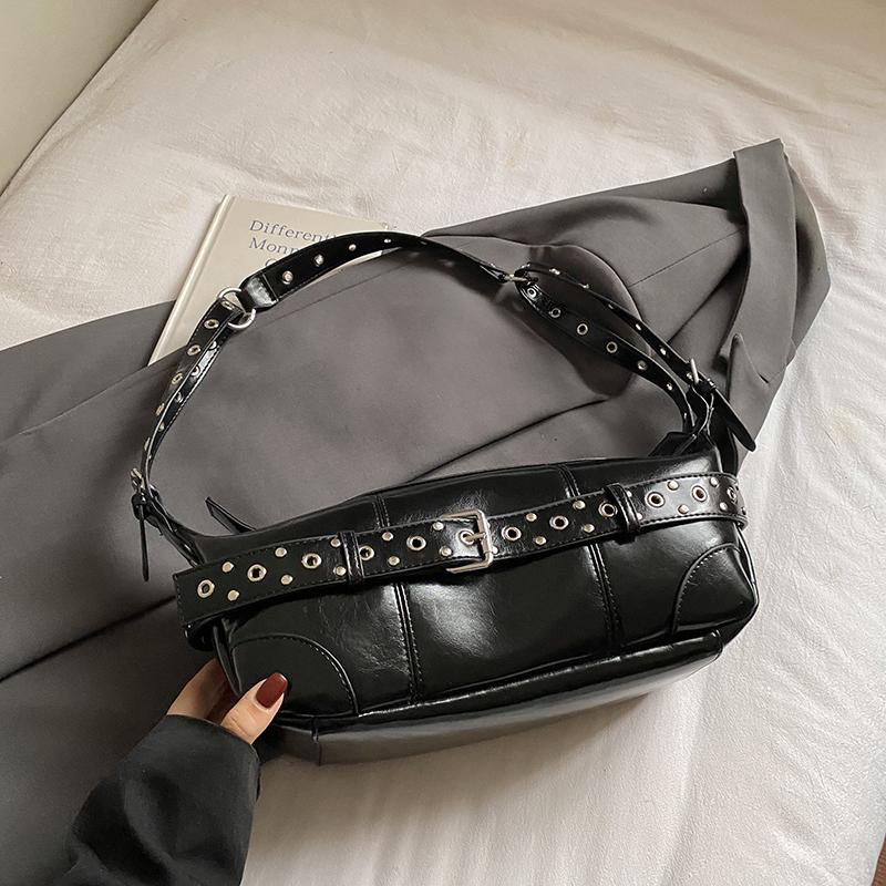

Fashion Armpit Sling Handbags Rivets Design Half Moon Shoulder Bags 2025 Punk Style Motorcycle Underarm Shoulder Purse 50cm))