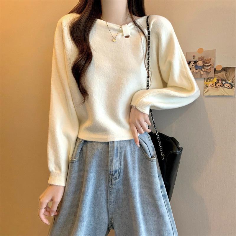 Women's French Chic Solid Color Knitwear Pullover - Long Sleeve Round Neck Sweater for Autumn/Winter