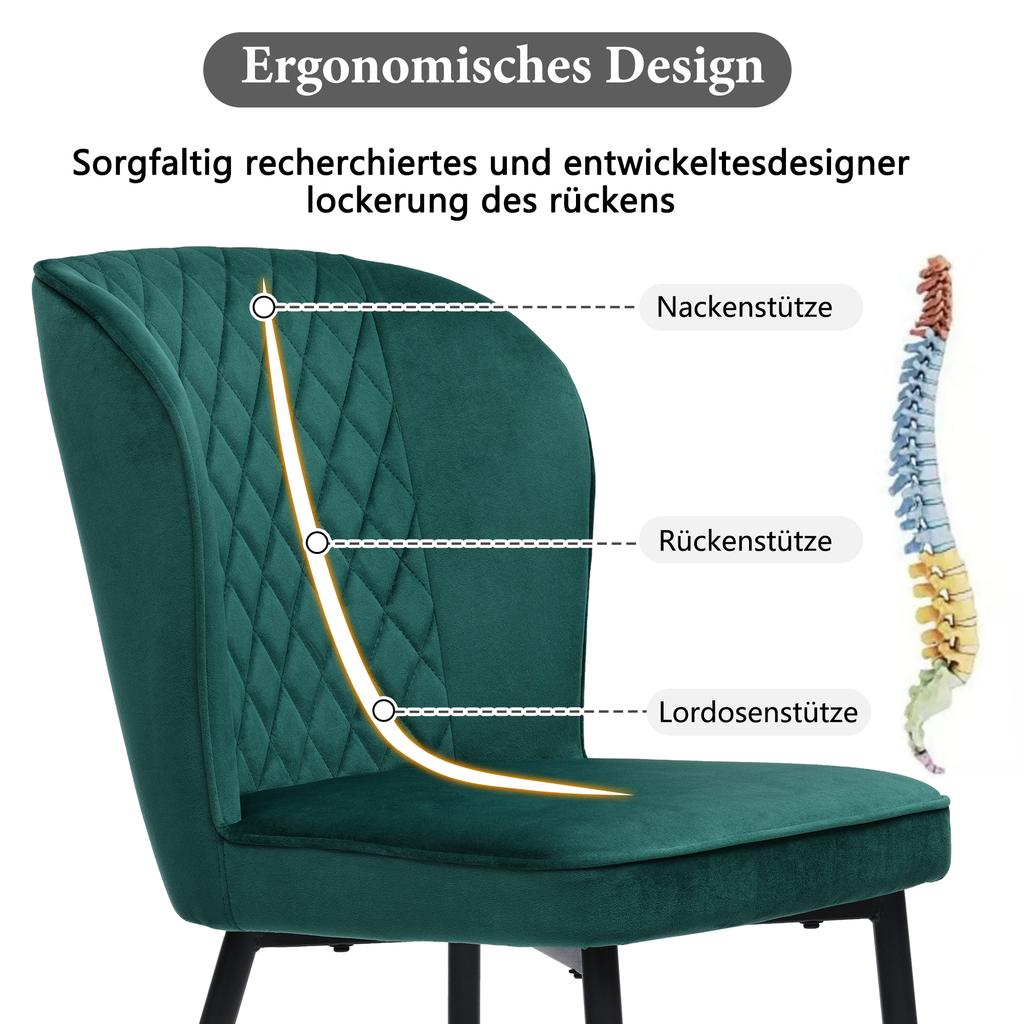 Dining Chair (2 Pcs), Dark Green, Upholstered Chair Design Chair with Backrest, Seat Made of Velvet Frame Made of Metal