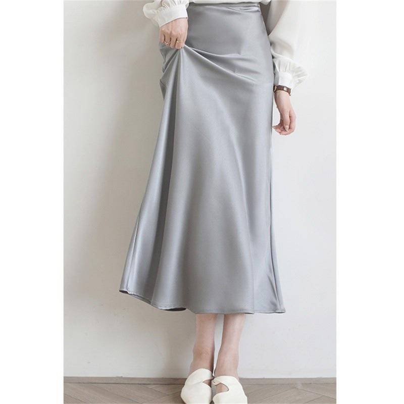 Triacetic Acid Satin French Fishtail Skirt for Women Draped Slim Mid-length High-waisted Skirt Summer Silk Hip Skirt