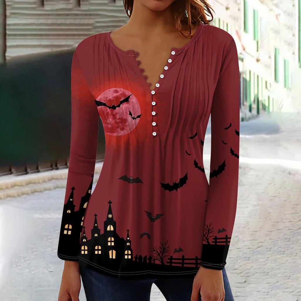 Damen Frühling Herbst Plissiertes Hemd mit Knopfleiste Kragen Halloween Print Langarm Top