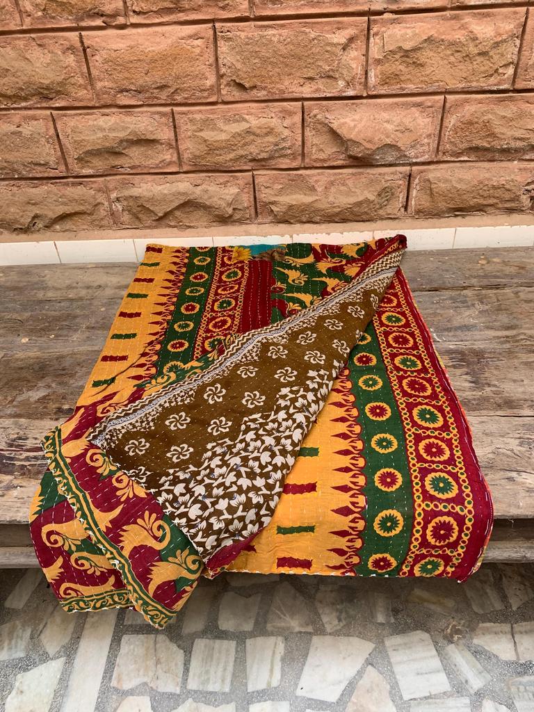 Handmade Kantha Quilt Throw: Vintage Sari Patchwork, Reversible Boho Blanket