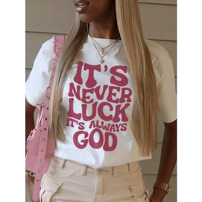 Women's Casual Slogan Print Short Sleeve Round Neck T-Shirt, Summer
