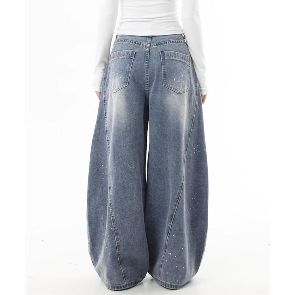 Washed jeans men's and women's casual loose lumberjack scimitar silhouette banana pants wide leg trend
