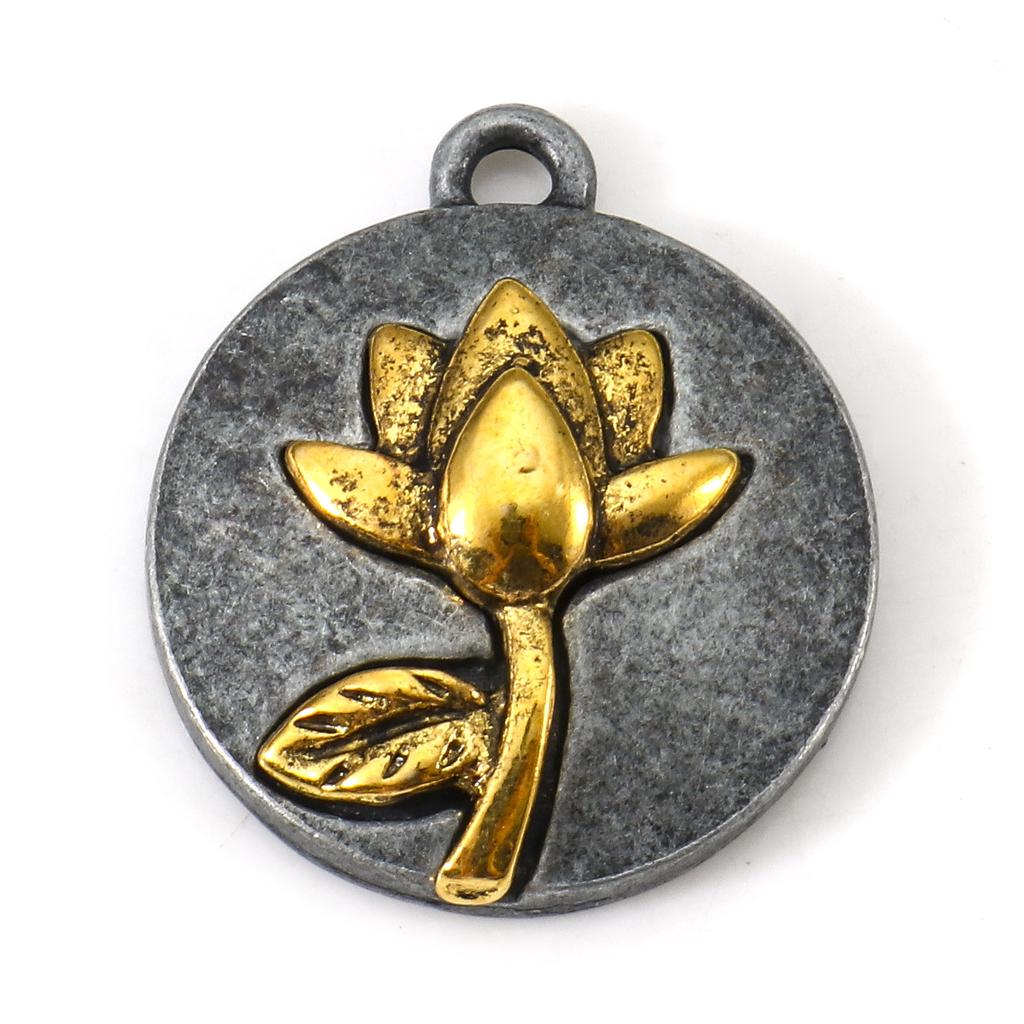 10pcs Vintage Birth Month Flower Charms Antique Gold Color Round Flower Pendants DIY Necklace Women Party Jewelry 20mm x 17.5mm