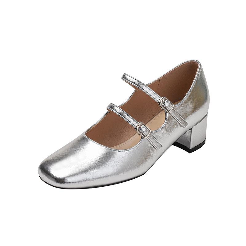 2025 French silver Mary Jane women's shoes summer square head ballet single shoes thick heel cross buckle high heels retro