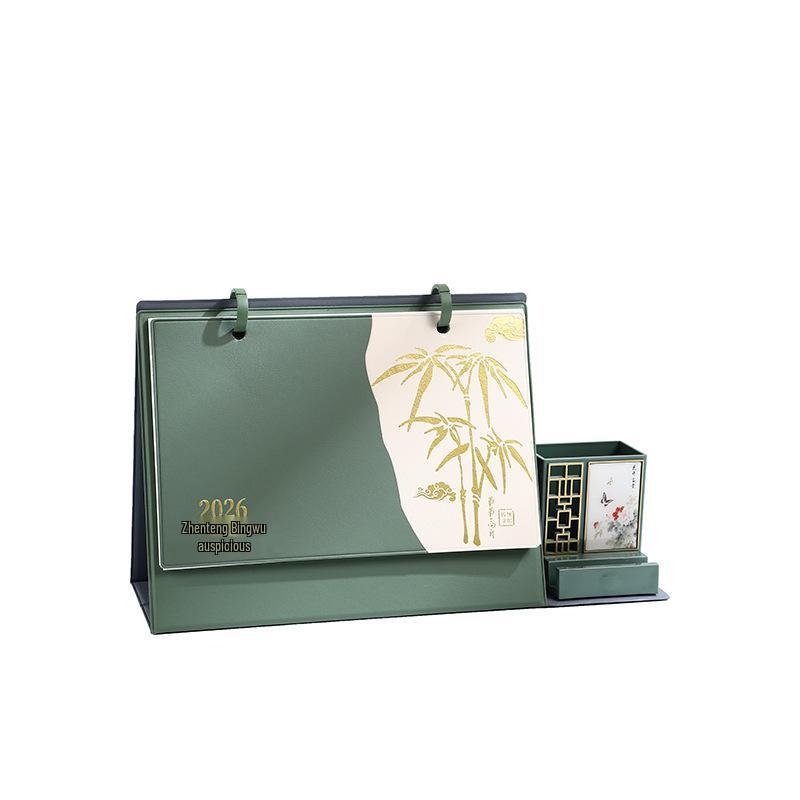 2026 Year of the Horse Leather Desk Calendar with Pen Holder, Custom Logo, Monthly Overview, Multifunctional Office Ornament.