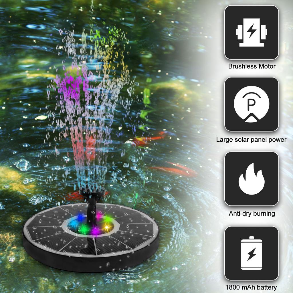 Color 7 LED Light Solar Fountain 2.5/3.5W 8 Nozzle Water Pump Outdoors Bird Bath Garden Floating DIY Cistern Auto Oxygenation